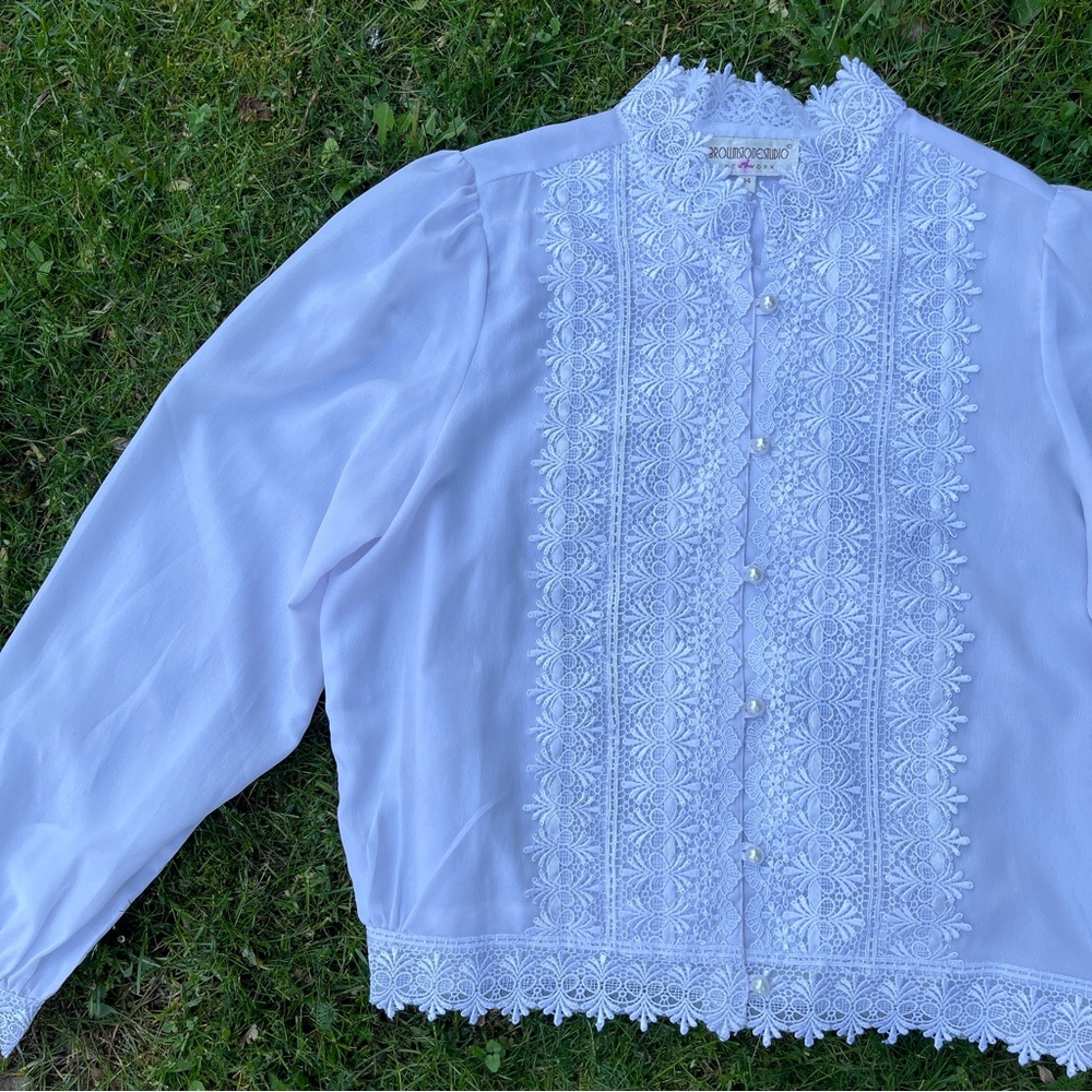 Vintage Brownstone Studio boho victorian lace pearl button blouse top Size 14